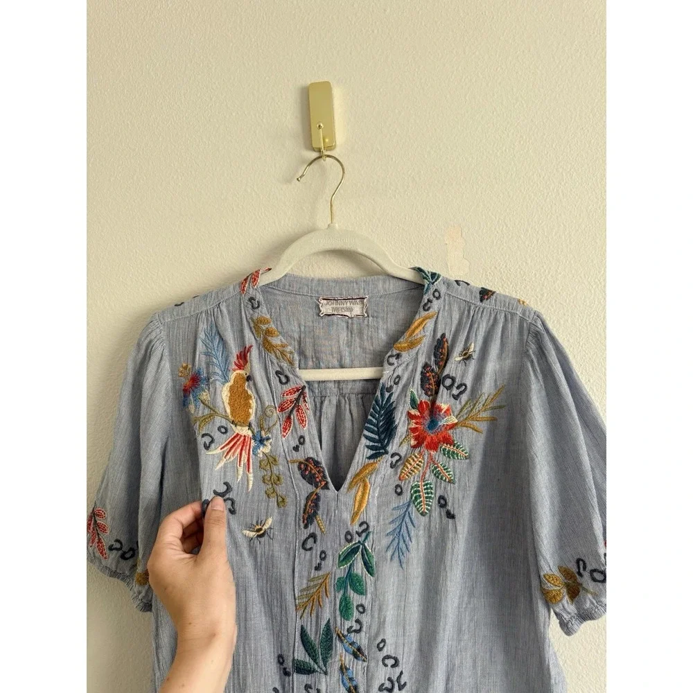 Johnny Was Indraa Puff Sleeve Popover Blouse Sz XS/S‎ Floral Tiger Embroidered